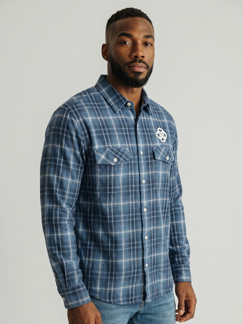 Port Authority Blue Plaid Button Up Shirt Celtic Knot Logo Men’s Small